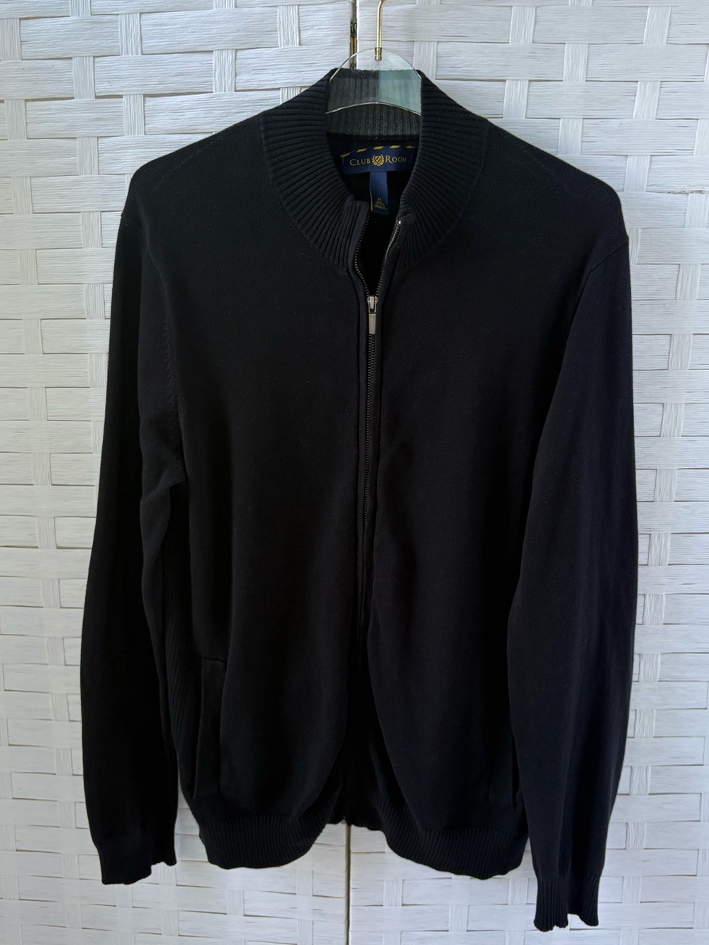 Club Room Men’s M Black 100% Cotton Full-Zip Knit Sweater Elbow Patches Pockets